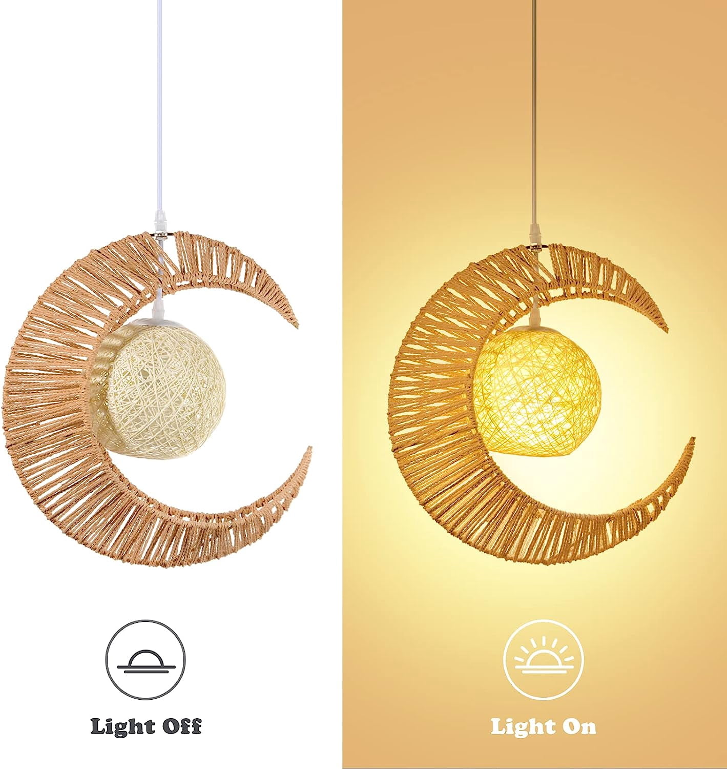 Arturesthome Modern Moon Shape Pendant Lamp Hand Woven Chandelier Ceiling Light Wicker Pendant Lights Fixture for Child Bedroom Home Decor