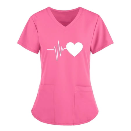 

CZHJS Clothes Women s Novelty T-Shirts Relaxed-Fit Country Music Tunic Working Uniform Nursing Workwear Scrubs Top Pink Tees Daily V-Neck Short Sleeve Solid Color Heart Beated Graphic Tops