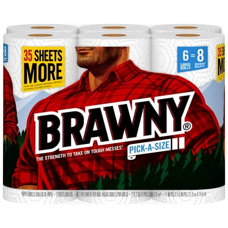 Brawny Paper Towels, White Pick-A-Size Sheets, 6 Large Rolls, 6.0