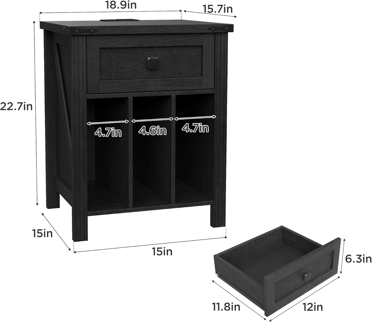 VEANERWOOD Nightstand with Drawers and Charging Station, Farmhouse Vinyl Record Storage Cabinet End Table for Bedroom Living Room