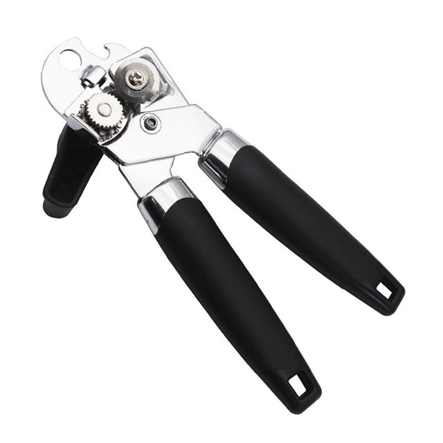 Abrelatas manual de acero inoxidable multifunción, herramienta de cocina ergonómica y resistente, color negro.