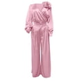 thumbnail image 4 of sususu Womens Fall Outfits,Fashion Clothing Women's V Neck Satin Long Sleeve Blouse with Elegant Wide Leg Trousers Sophisticated Two Piece Outfit - Pink, 4 of 4