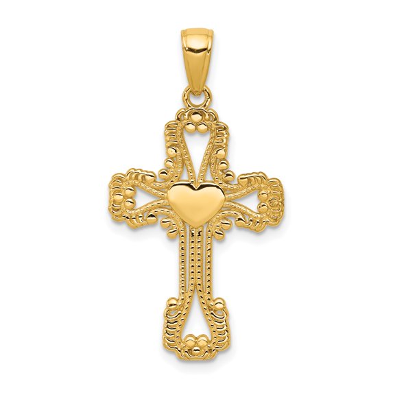 Beautiful 14K Beaded Cross with Heart Pendant