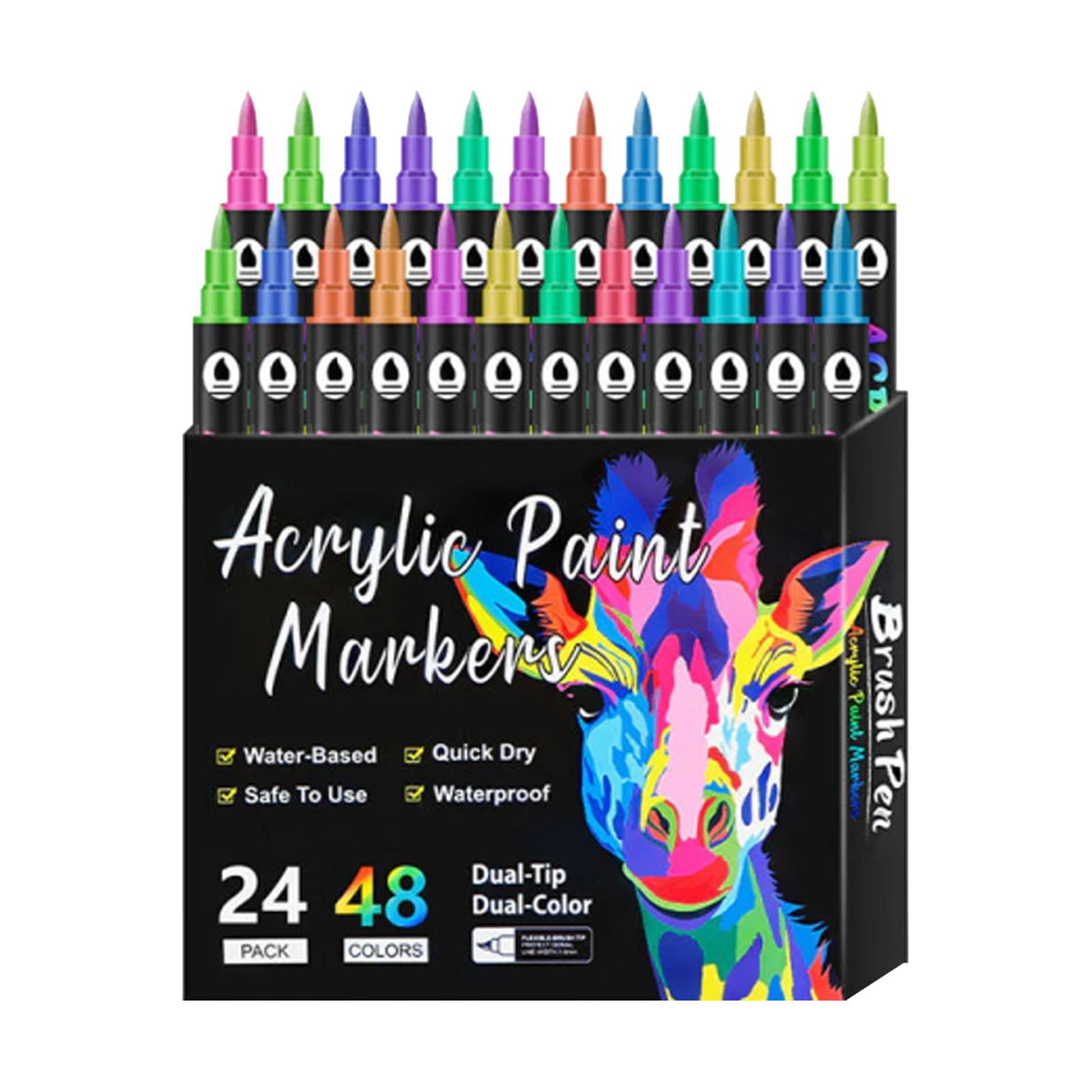 Feng Shui Import Acrylic Paint Marker Set with Brush and Fine Tip for Rock Painting，36 Colors Including Metallic for Ceramic Wood Canvas Glass，Dual Tip Fiber Markers for DIY Crafts and Card Making