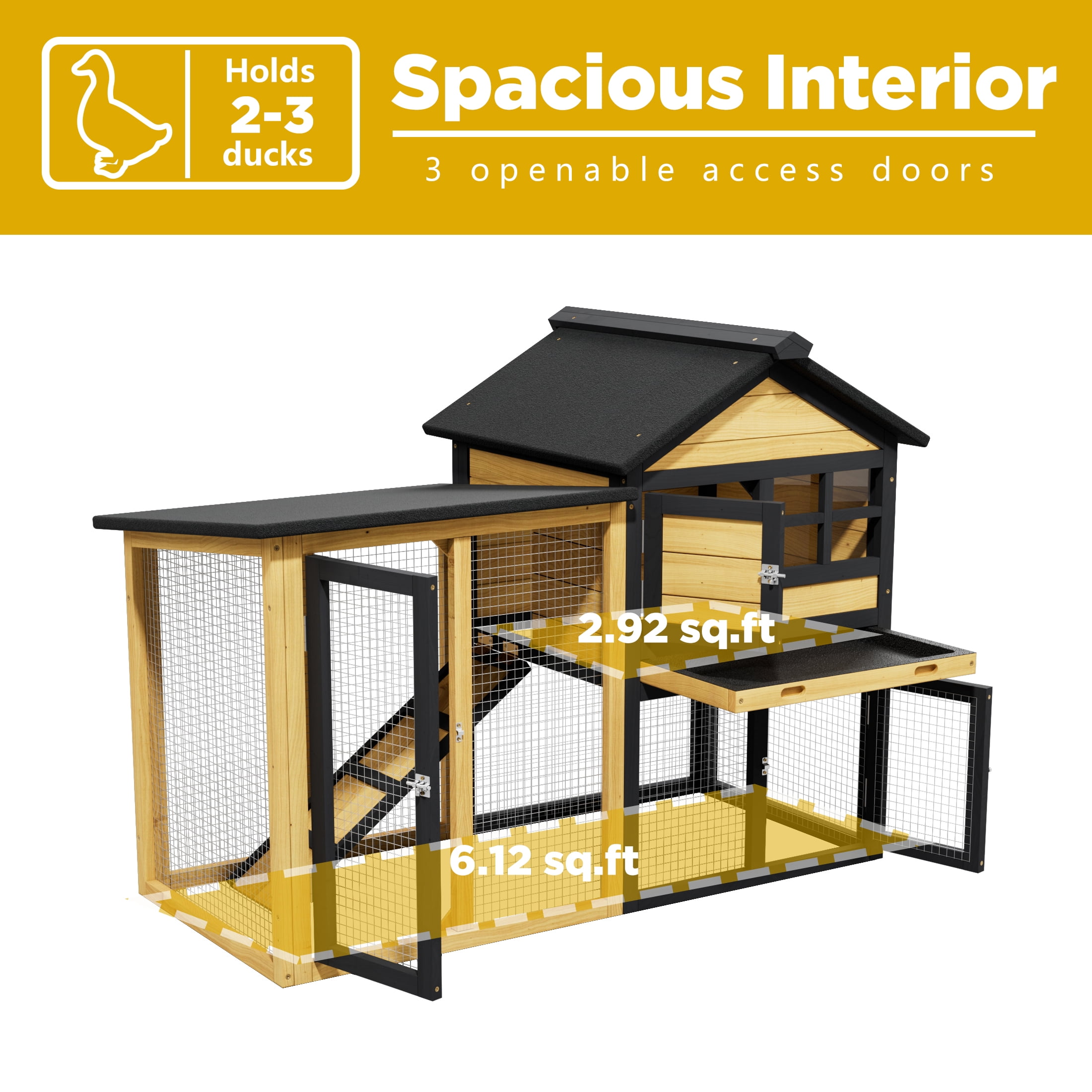 Weatherproof Duck Coop and Wire Mesh Run,Wooden Backyard Duck Condo with Nesting Box,Indoor Rabbit Hutch with Tray,46.9",Yellow