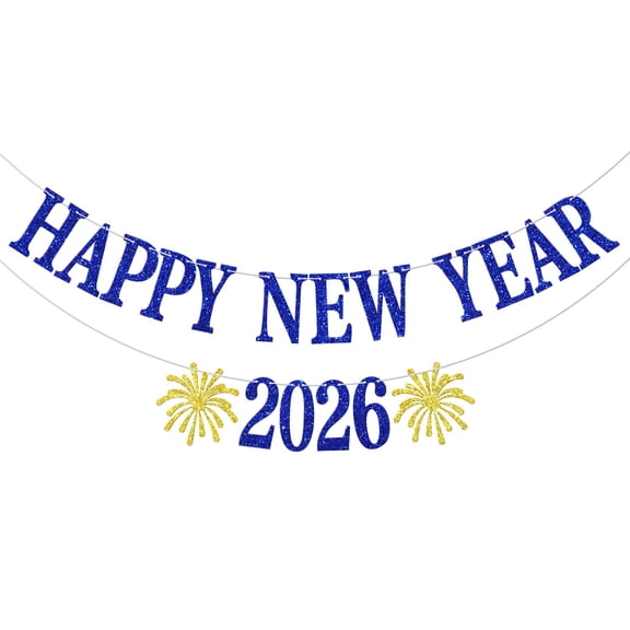 Happy New Year 2025 Banner, 2025 New Year's Eve Hanging Banner, New Year Holiday Decor, New Year 2025 Party Decoration Supplies Blue & Gold Glitter