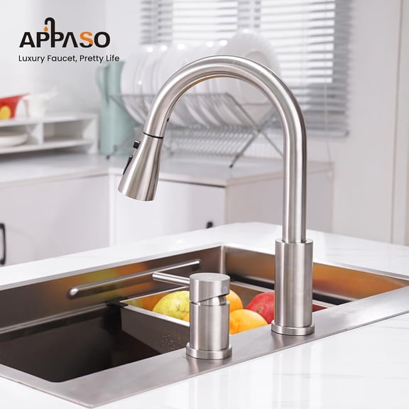 2 Hole Kitchen Faucet, S304 Stainless Steel Two Holes Kitchen Sink Faucets with Pull Down Sprayer 3 Modes, Brushed Nickel High Arch Modern Faucet with Side Single Seperate Handle 2 Pieces