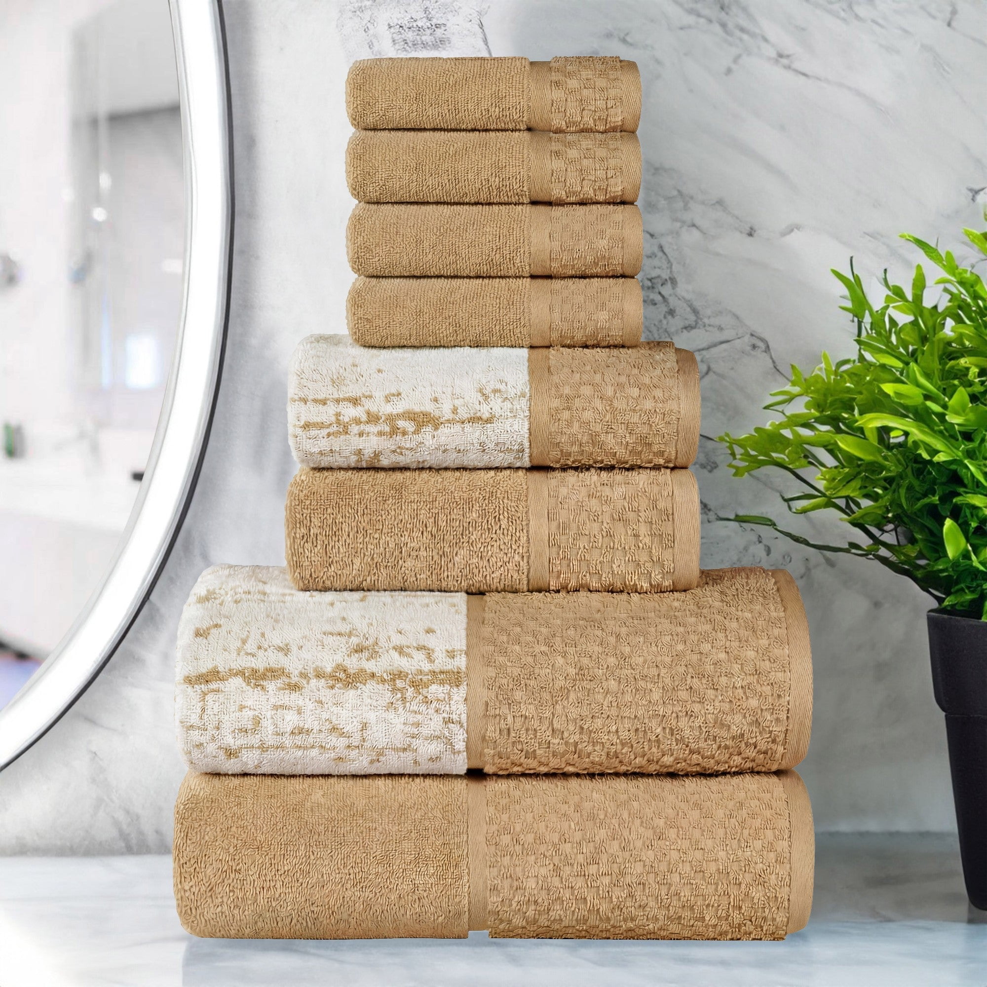 Superior Modern Cotton 8 Piece Bathroom Towel Set Mixed Pattern Solid, Bronze