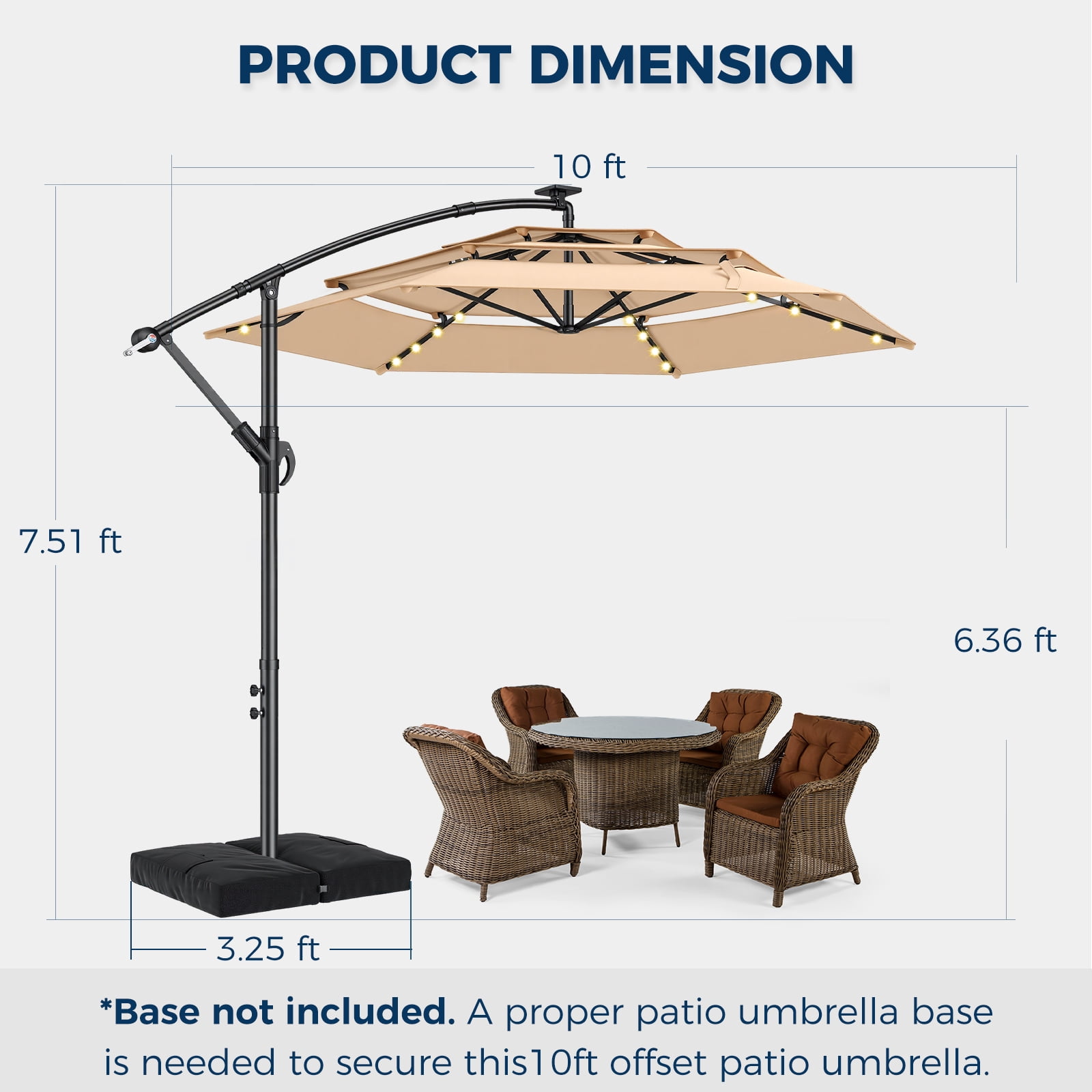 TASKBAY 10ft 3-Tiered Cantilever Patio Umbrella Solar LED Lighted, Hanging Offset Market Outdoor Sun Shade with Base Stand for Beach, Backyard, Deck, Poolside, Beige