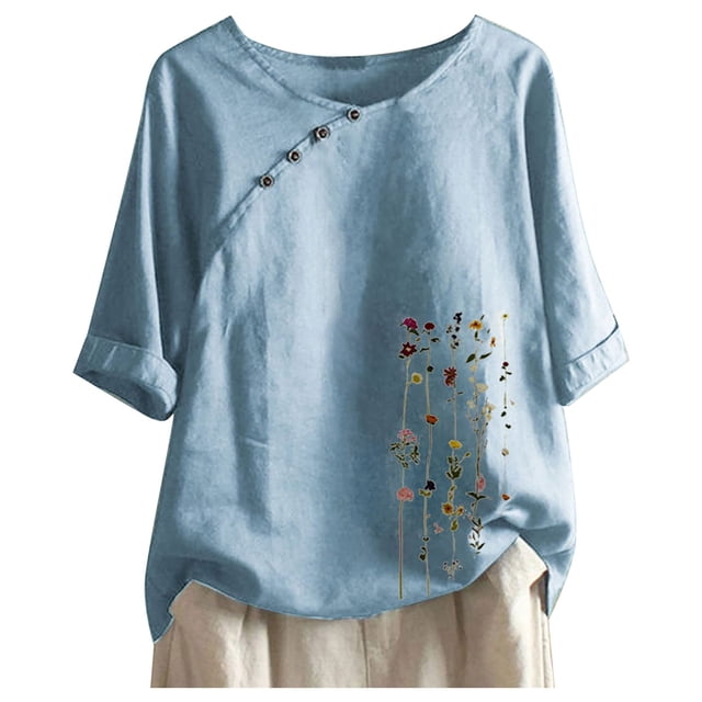 Chandail à Manches Courtes pour Femmes, Chemise Ample à Fleurs, Blouse Imprimée, Tee-Shirt Extensible, Col Roulé, Manches Longues