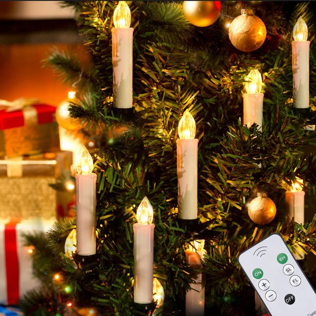 Velas sin llama Decoración de Navidad, 12PCS Led parpadeo Luces de pilas con temporizador a distancia/clips, velas de ventana blanco cálido para el hogar de interior al aire libre de la boda de