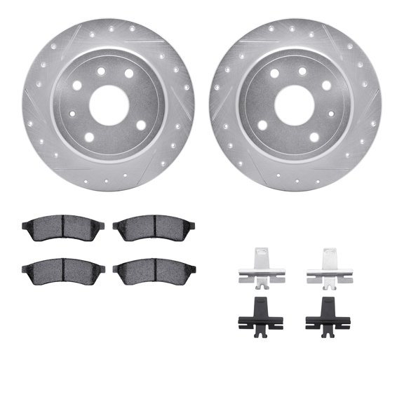 Dynamic Friction Company Rear Brake Rotors-Drilled and Slotted-Silver with 5000 Advanced Brake Pads includes Hardware 7512-01011
