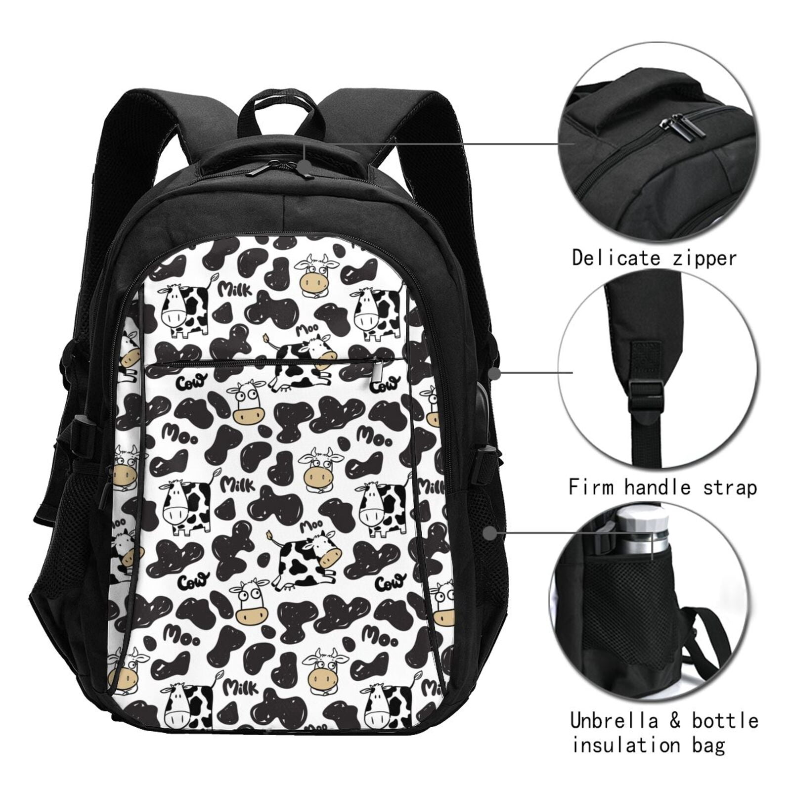 Horeoi Cow Print USB Backpack for Travel School Work with Laptop Compartment Charging Port and Anti-Theft Pocket