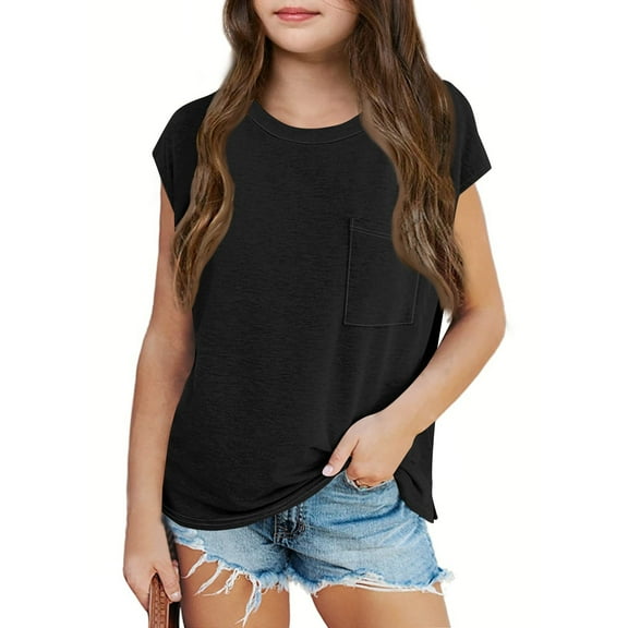 Inglocry Girls Cap Sleeve T Shirts Kids Summer Crewneck Solid Tops Tees Basic Cute Summer Tops For Teens 5-14 Years Black 3-4Y