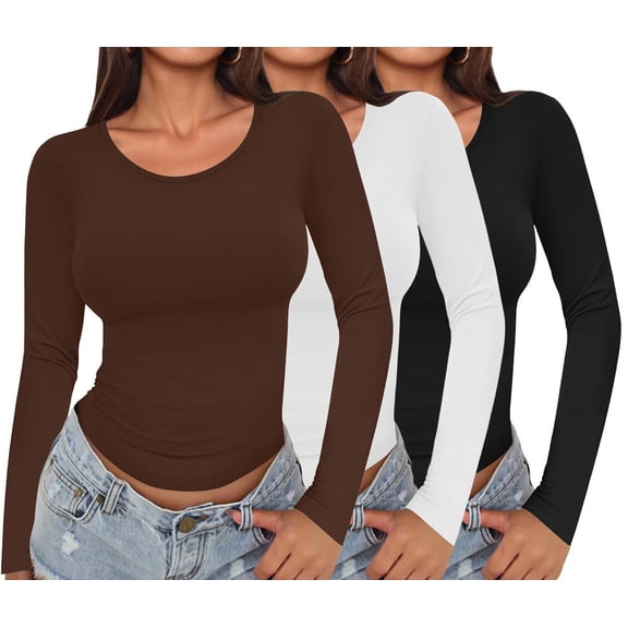 Ekouaer Long Sleeve Shirts for Women 3 Pack Scoop Neck Fitted Tops Thermal Undershirt Stretch Base Layer Soft Tee Brown/White/Black