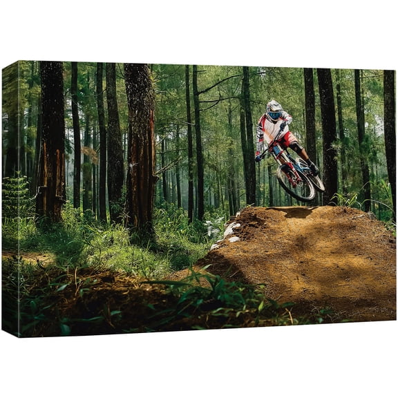 wall26 Canvas Print Wall Art Motorcycle Rider in The Forest Sports Athletes Photography Realism Contemporary Scenic Urban Multicolor Ultra for Living Room, Bedroom, Office - 32"x48"