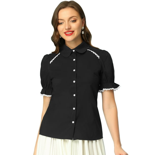 Blusa vintage con cuello Peter Pan Allegra K con ribete en contraste manga corta botones Negro S