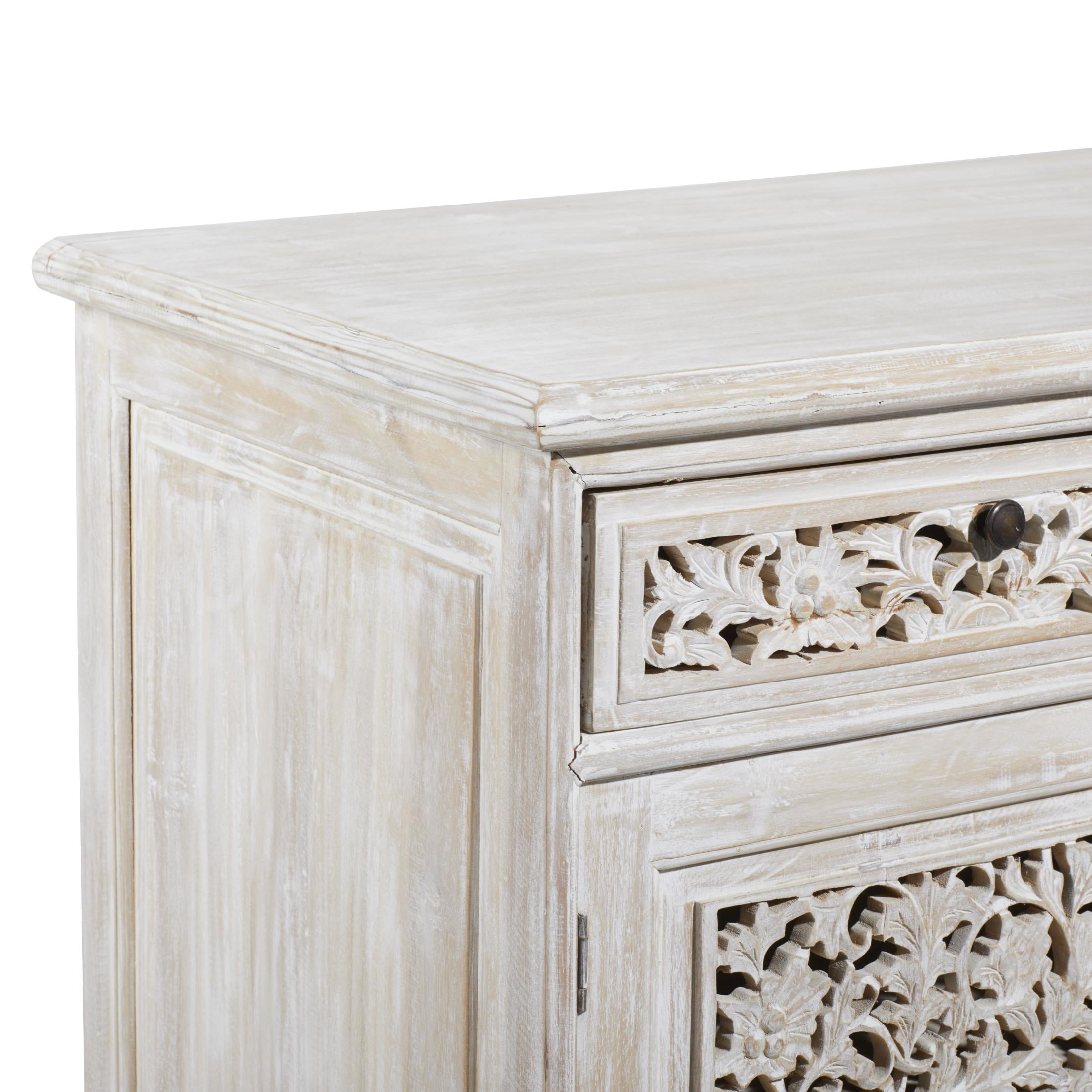 DecMode 39" x 32" White Wood Intricately Carved 2 Door and 2 Drawer Floral Cabinet, 1-Piece