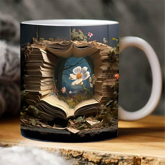 Suncoda Mug, 3 D Creatives Space Bookshelf Ceramic Mugs Study with Coffee Mugs for Book Lovers Gift