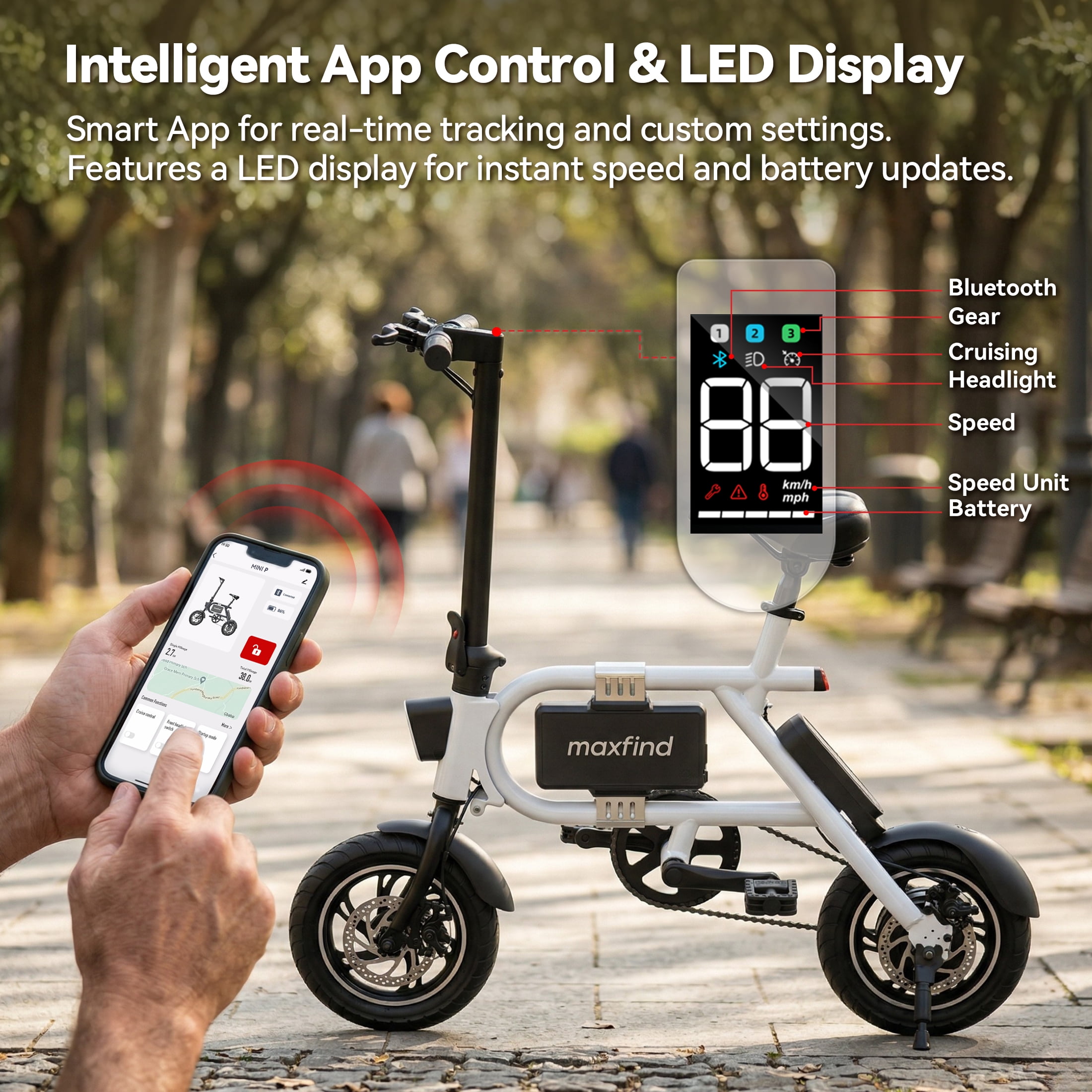 Maxfind Foldable 12" Electric Bike for Adults, Max 37-Mile Range Pedal-Assist,Removable Lithium Battery, Smart App Control,Adult Electric Bicycle for Commute