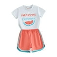 thumbnail image 2 of Aojekbee Toddler Girl Summer Outfit Letter Watermelon Print Short Sleeve T-Shirts Tops and Shorts 2Pcs Clothes Set, 2 of 10