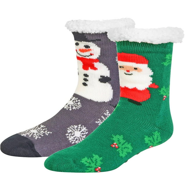 CHOK Santa & Frosty Print Thermal 2-Pack Thick Non-Skid Slipper Socks