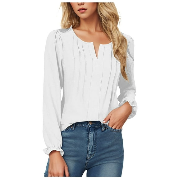 Womens Business Casual Pleated Blouses V-Neck Long Ruffle Sleeve Chiffon Work Shirts
