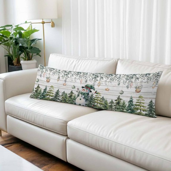 Green Snowman Christmas Long Body Pillow Cover 20x60 Inch, Xmas Snowflake Eucalyptus Leaves Wooden Decorative Pillowcase with Zipper, Microfiber Pillow Protector, Soft Long Pillowcases for Women