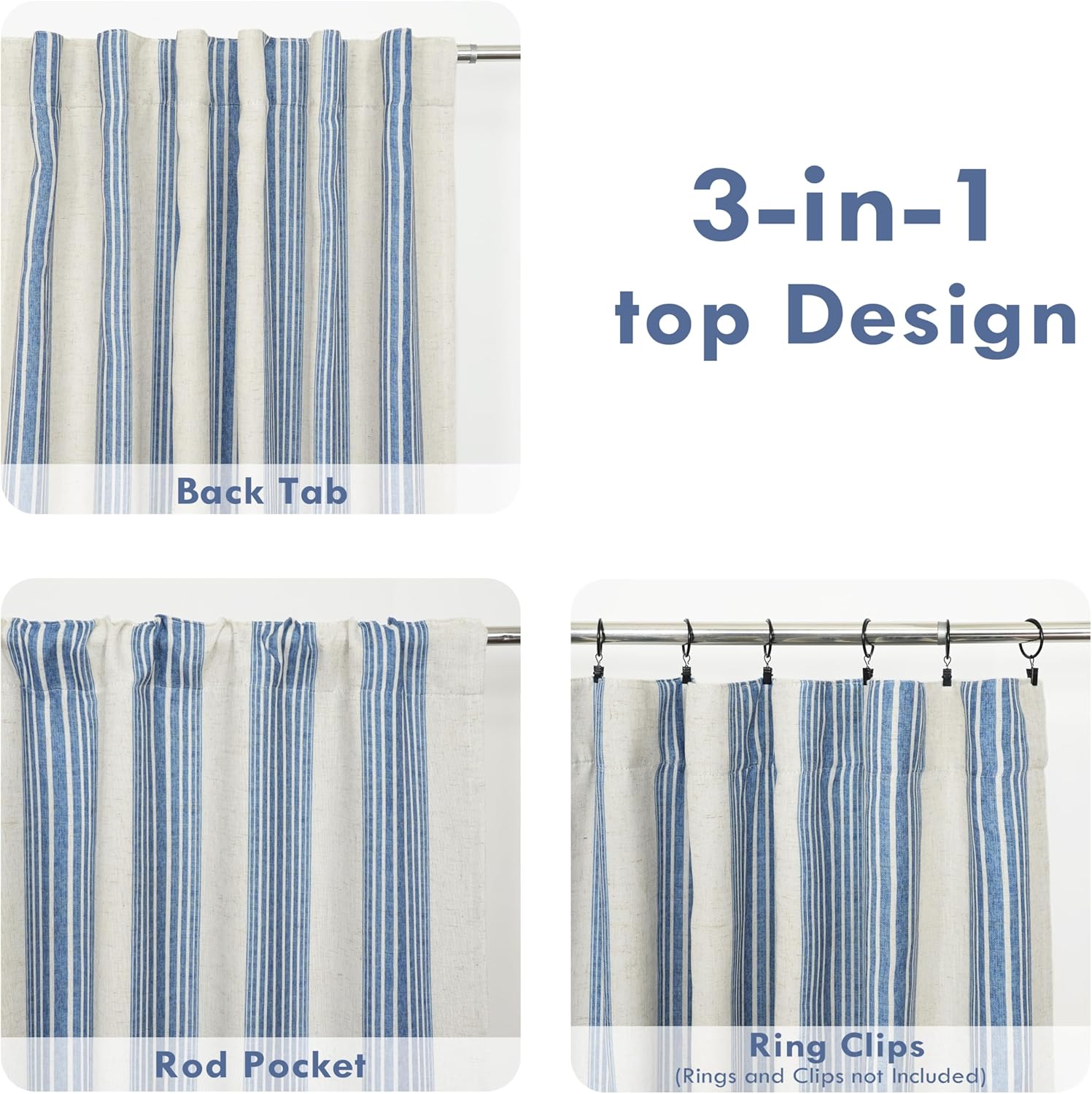 DriftAway Chris Vertical Striped Pattern Linen Blend Lined Thermal Insulated Blackout and Room Darkening Rod Pocket Back Tab Linen Curtains for Farmhouse Printed 2 Panel 52 Inch by 72 Inch Jean Navy