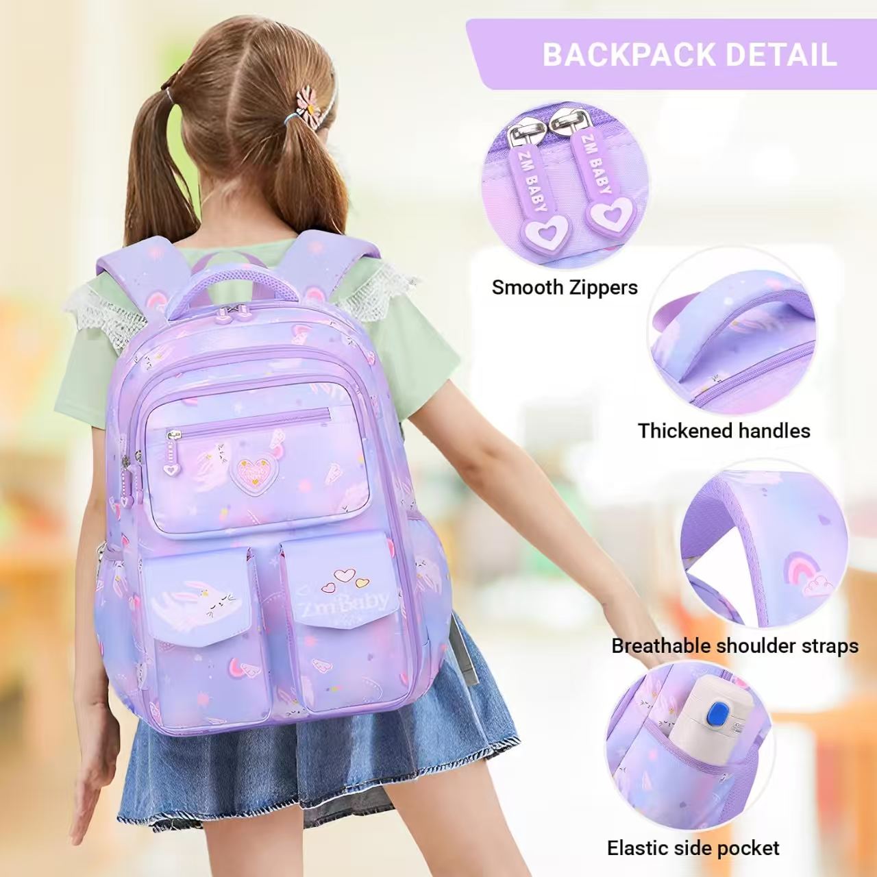 Mochila escolar para niñas, 25L resistente al desgaste, ligera, a prueba de agua, moderna, morada 5