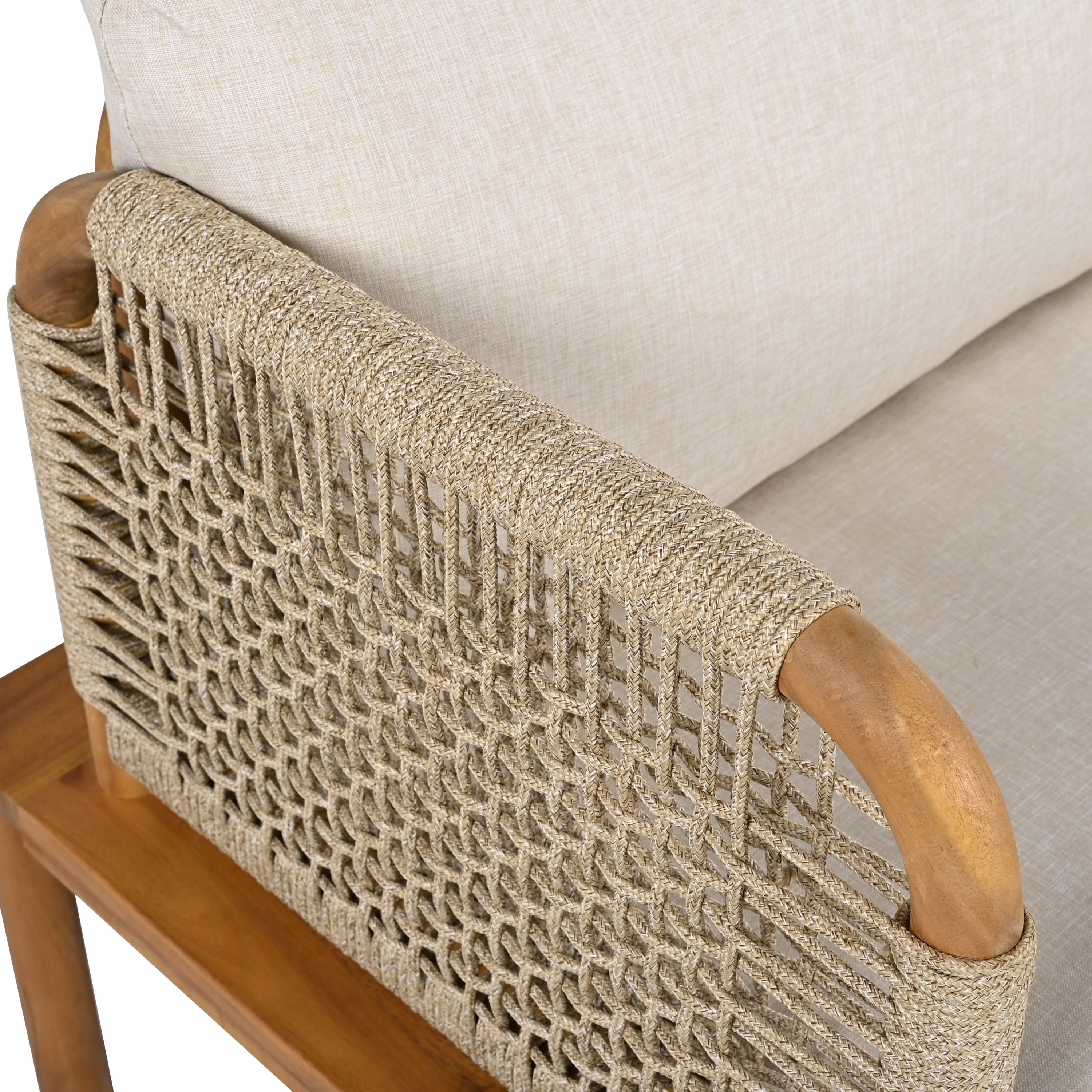 Outdoor Acacia Wood & Rope Club Chair Set of 2 with Plush Cushions, Weather-Resistant Patio Lounge Chairs for Garden Porch Backyard, Teak+Beige