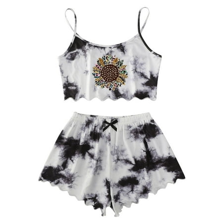 

Womens Pajamas Tie Dye Printing Sleeveless Cami Shorts Slim Sleepwear Women