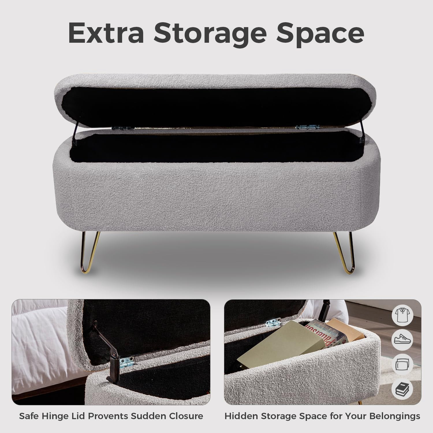 LEHZROAJ Upholstered Storage Bench,Rectangular Padded Ottoman, Shoe Storage with Gold Legs, End of Bed for Bedroom, Entryway, and Living Room(Gray)