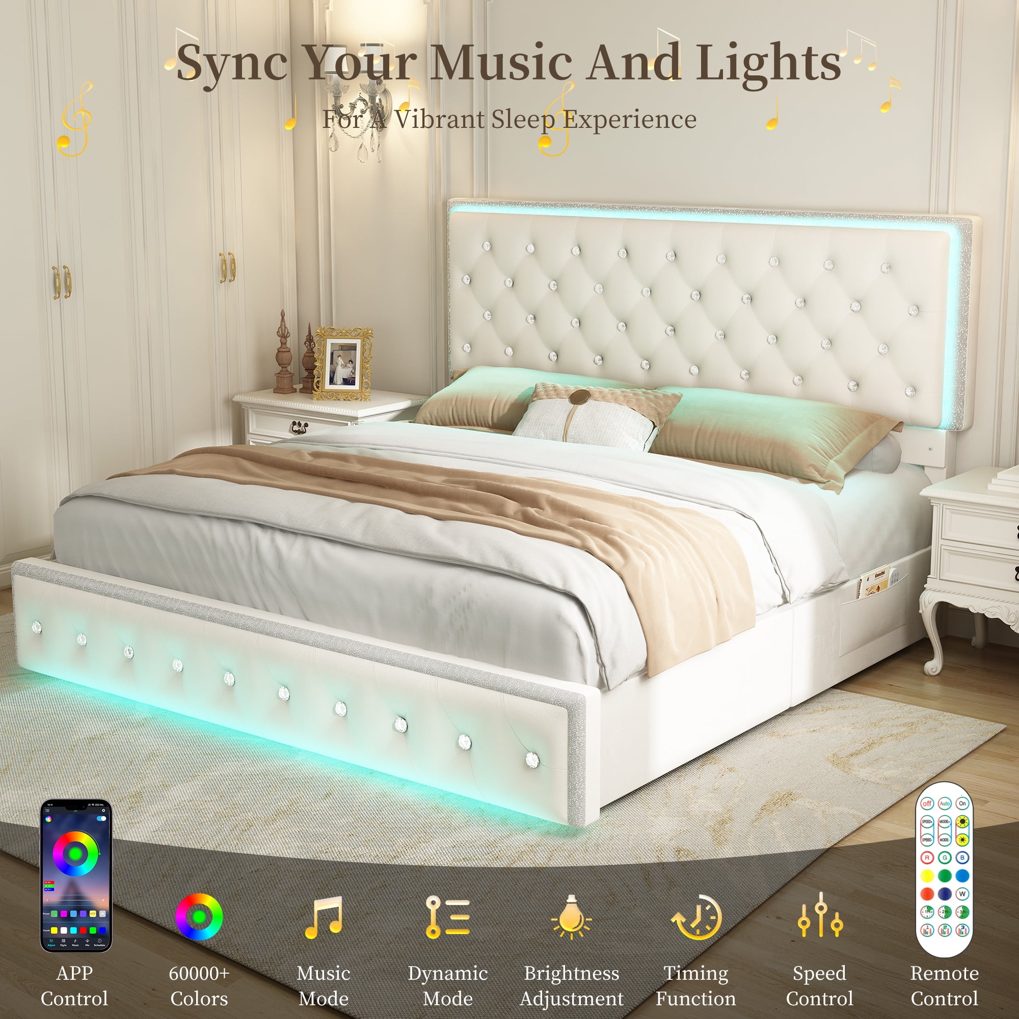 SIBEDS Full Upholstered LED Bed Frame with 2 Storage Drawers, Velvet Cream Diamond Tufted Headboard, RGB Lights, Noise Free, No Box Spring Needed