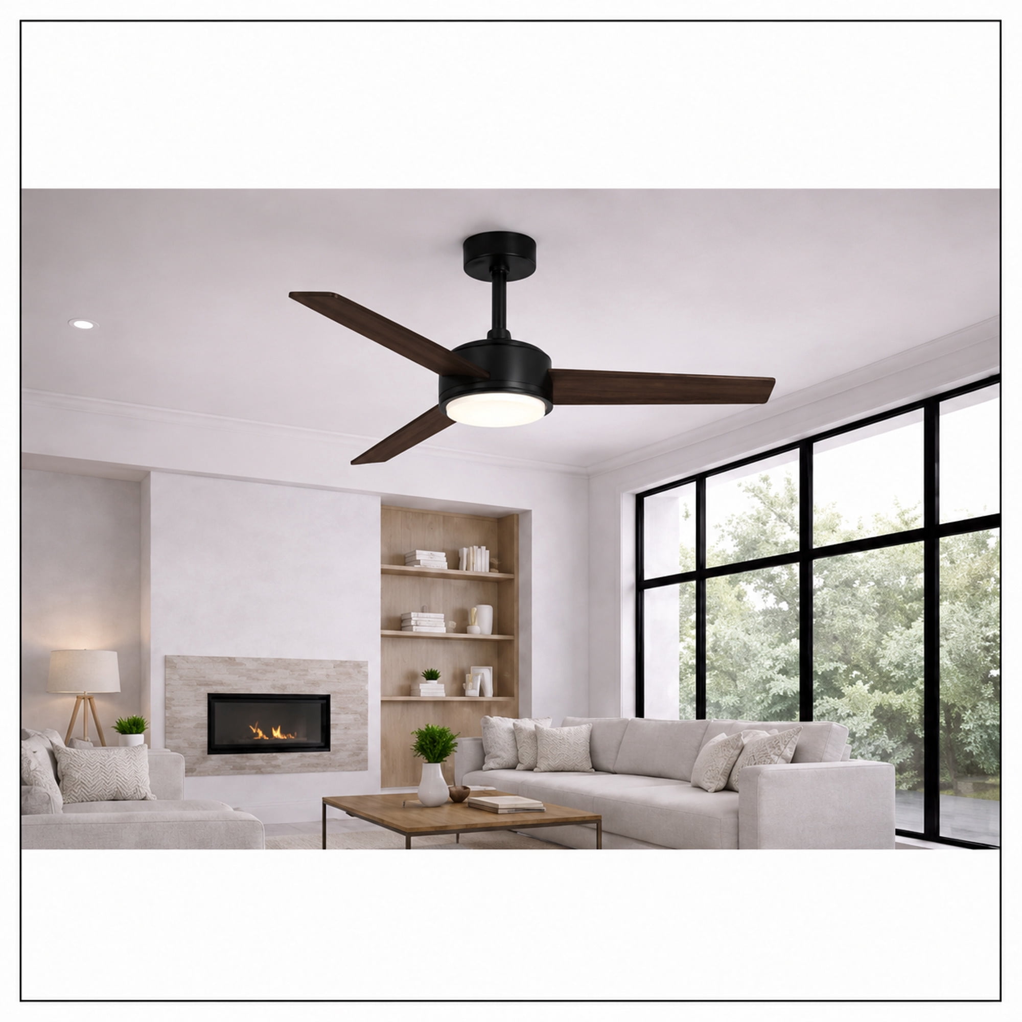 Mainstays 52-Inch Black Downrod DC Ceiling Fan with Integrated LED Light, Remote Control, 6 Speeds, and Fast-Install Blade System