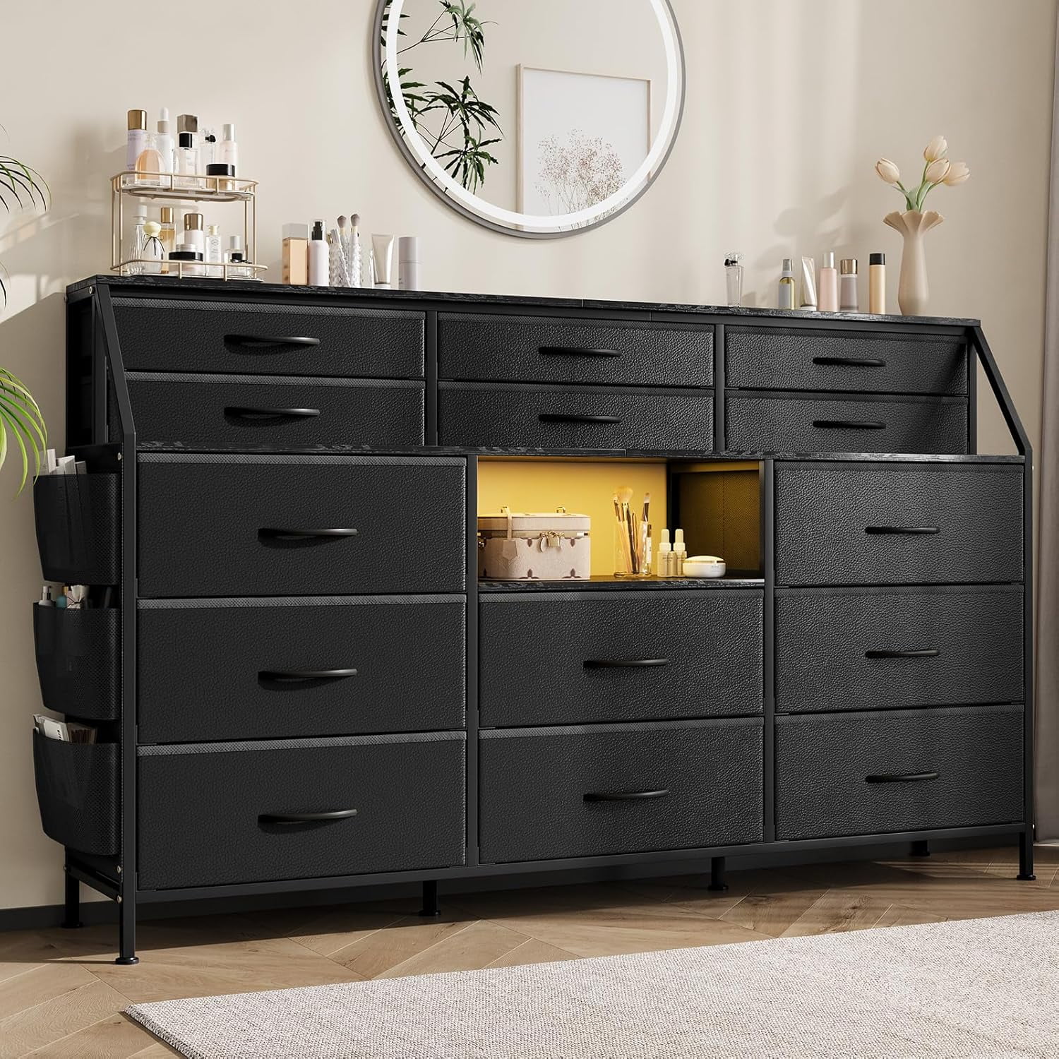 Dresser for Bedroom with 14 Drawers, 55" W Dresser with Side Pocket, Fabric Dressers & Chests of Drawers with Shelves, Sturdy Frame, Wood Top