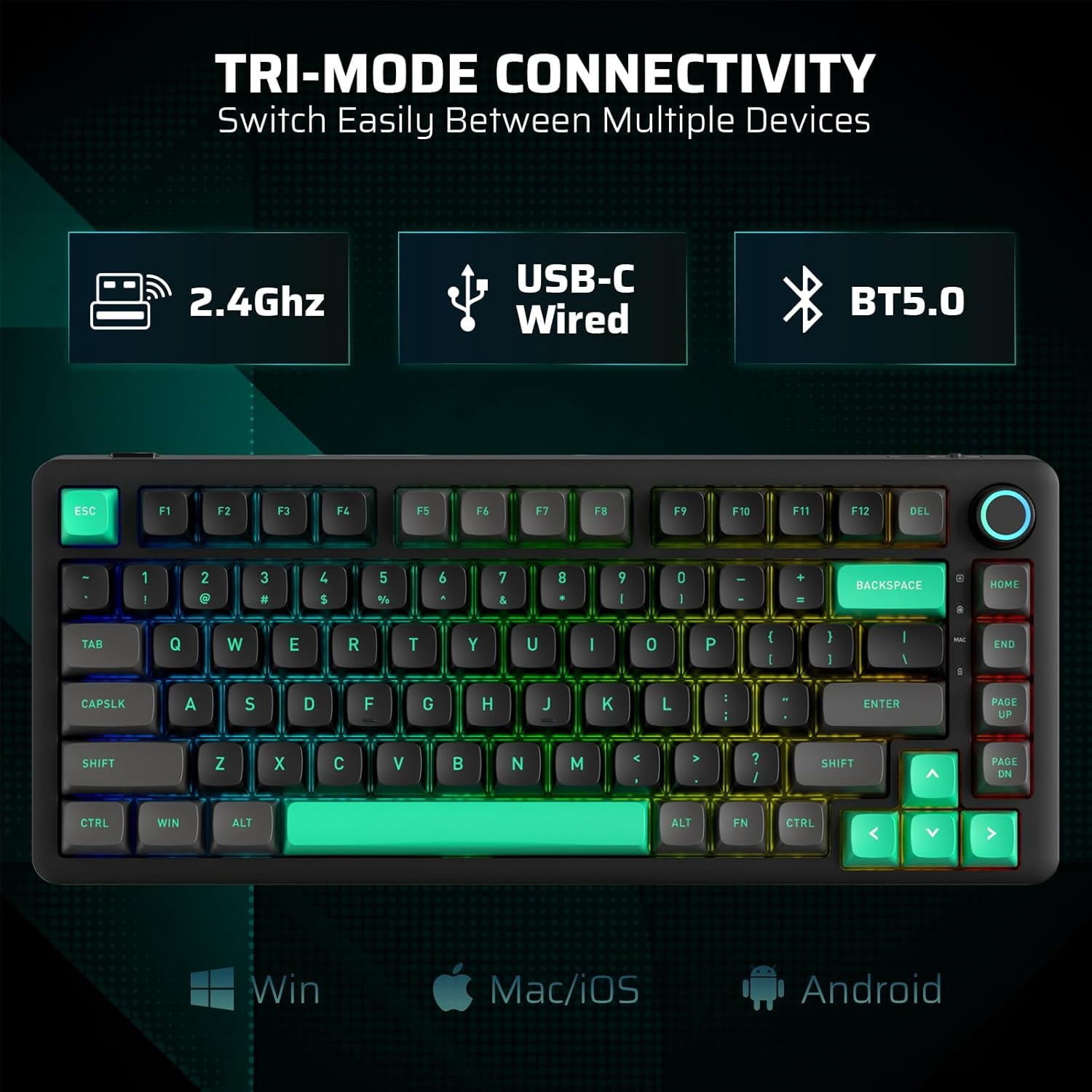 LTC Nimbleback NB832 Wireless 75% Gasket Mechanical Keyboard, Tri-Mode BT5.0/2.4G/USB-C Wired, Hot Swappable 82-Keys RGB Gaming Keyboard w/Software & 5 Layer Padding, Custom Linear Switch