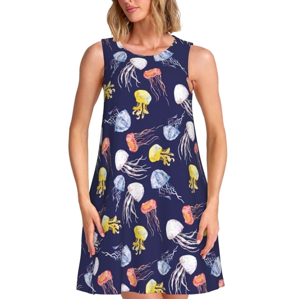 Easygdp Colorful Jellyfish para Vestido Transpirable de Mujer, Vestido Suelto de Manga Corta con Pliegues y Bolsillos para el Verano