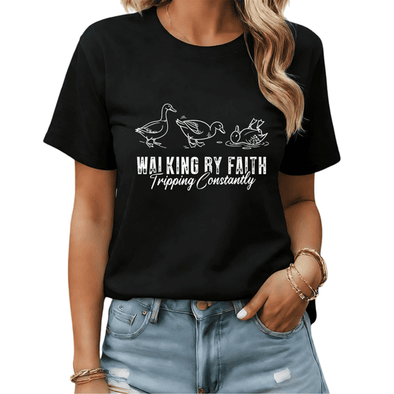Funny Christian Duck Walking By Faith Graphic Tees Womens T shirt White/Black S-5XL Shirts Casual Religious Tops