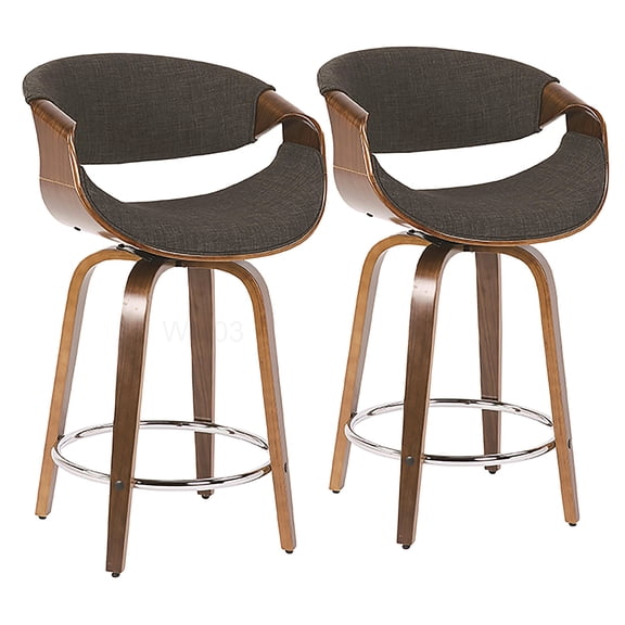 Swivel Counter Stools Set of 2 with Armrests, Charcoal Fabric and Walnut Wood for Modern Kitchen
