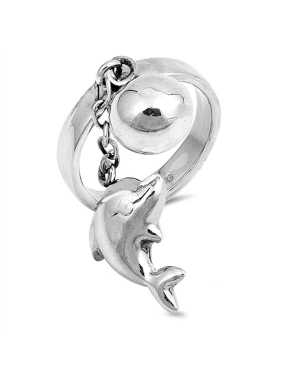 Dolphin Ball and Chain Animal Marine Ring ( Sizes 6 7 8 9 10 ) .925 Sterling Silver Band Rings (Size 7)