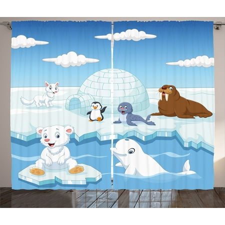 Penguin Curtain - Kids Curtains 2 Panels Set, Image of Arctics Animals Polar Bears Seal Penguins Wolfs Whales Work of Art, Window Drapes for Living Room Bedroom, 108W X 108L Inches, Sky Blue and White, by Ambesonne