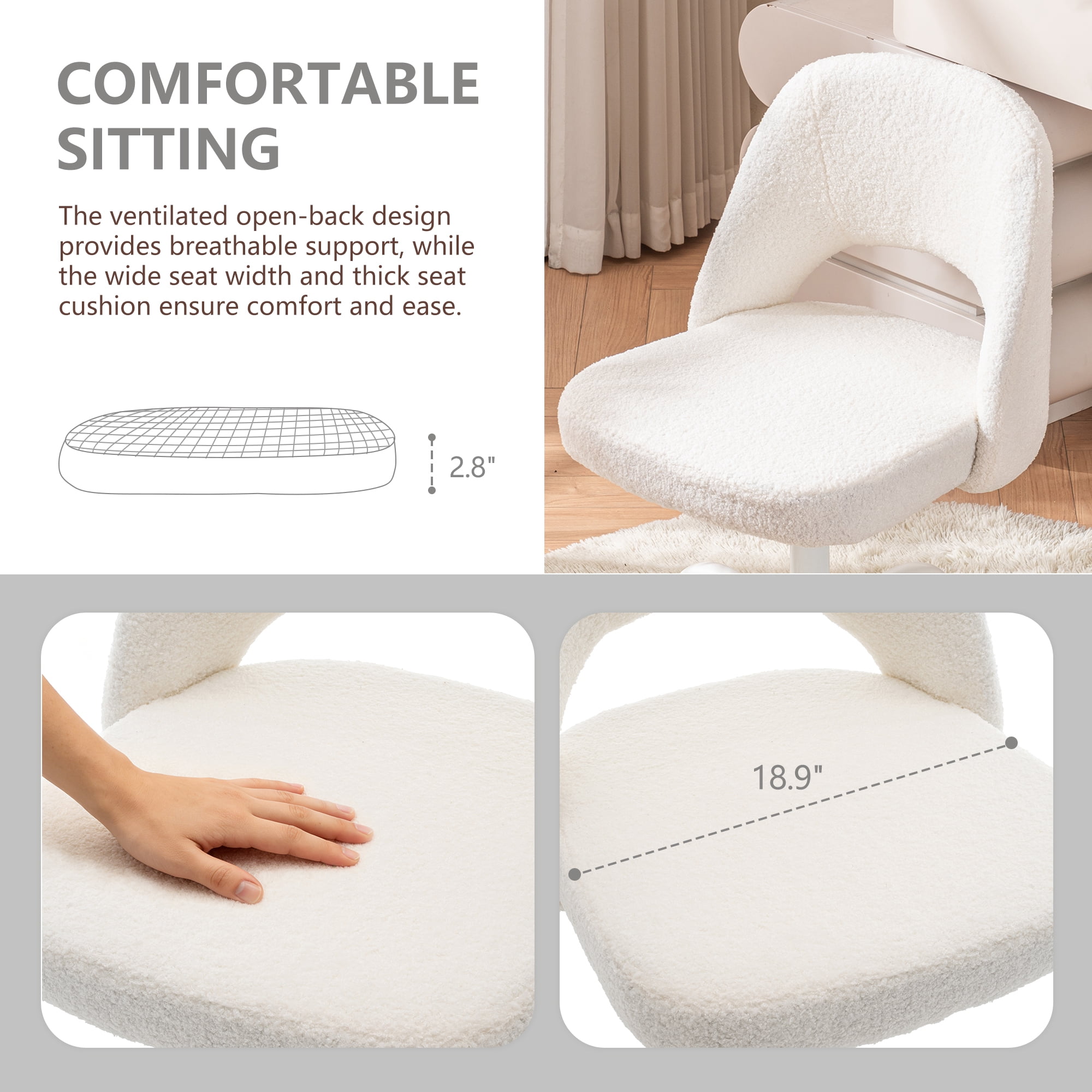 ENYLAY White Fluffy Teddy Fleece Vanity Chair, Height Adjustable 360° Swivel Rolling Desk Chair, Ergonomic Upholstered Makeup Chair, Modern Cute Accent Chair for Bedroom Home Office Vanity Room