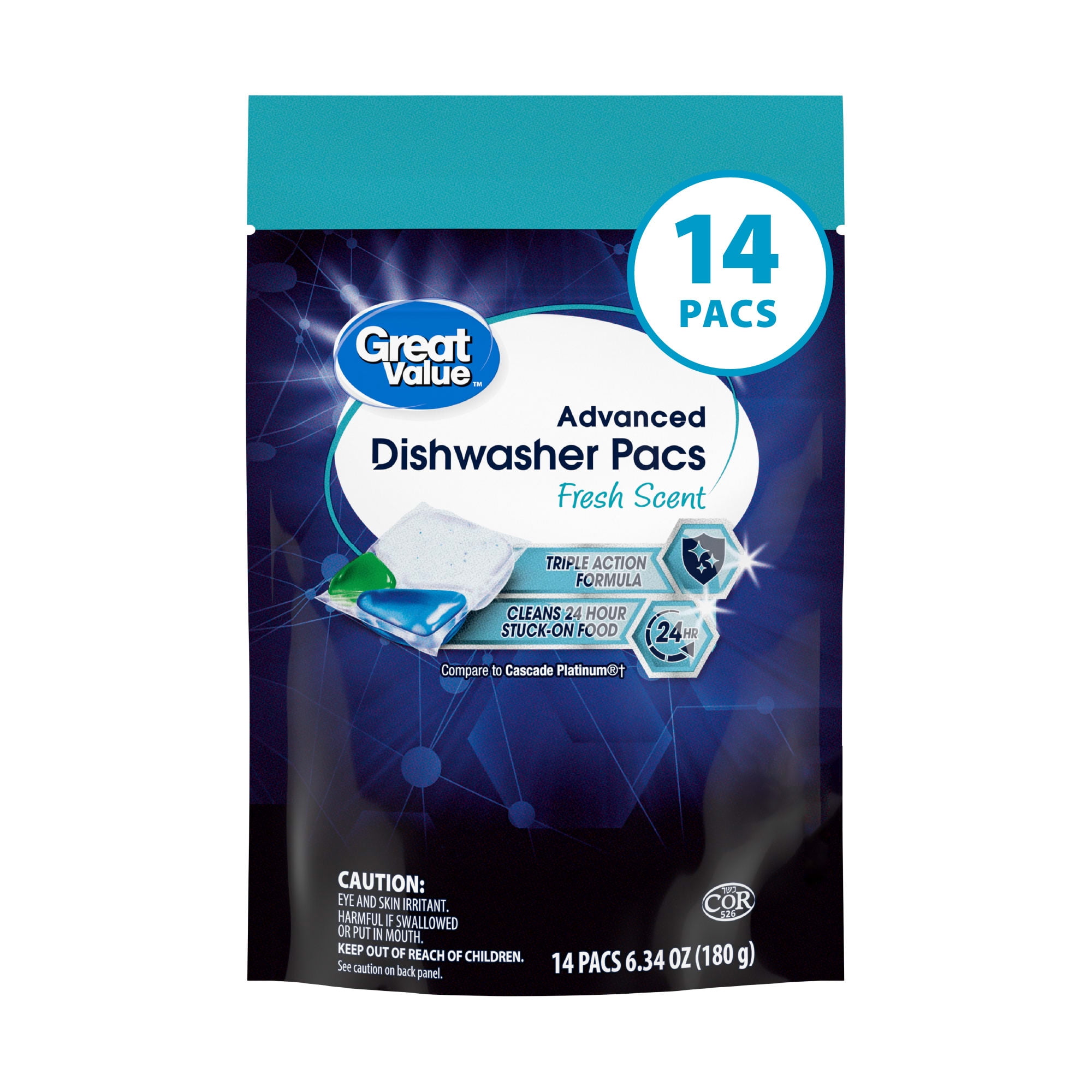 Great Value Advanced Automatic Dishwasher Pacs, Fresh Scent, 14 Count