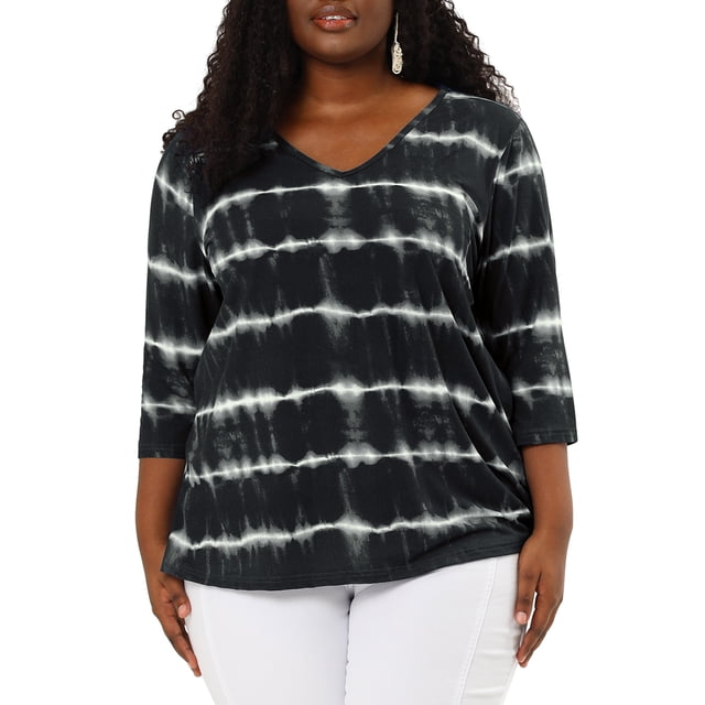 Tops de mujer plus size Agnes Orinda con rayas de teñido anudado, cuello en V, mangas 3/4, blusas casuales 5X en negro