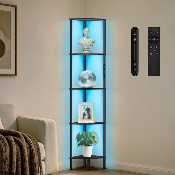 OUTONLIFE Corner Shelf Bookcase with LED Light Strip, 5-Tier Corner Bookshelf, Corner Shelf Stand, Corner Bookshelf, Storage Standing Shelf Unit for Living Room, Bedroom, Kitchen, Black