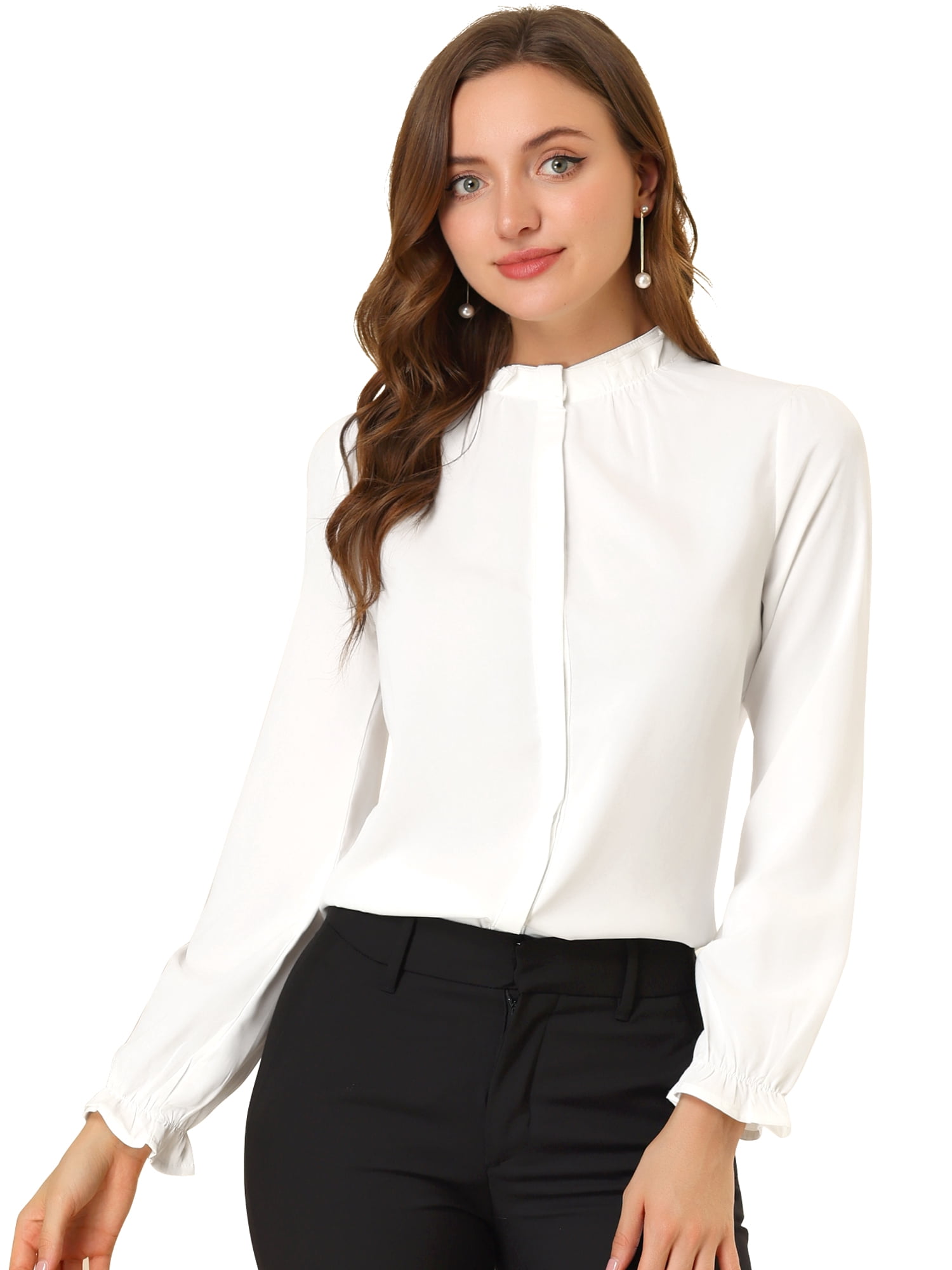 DARING DIVA Women's Chiffon Stand Collar Ruffled Trim Work Blouse L White