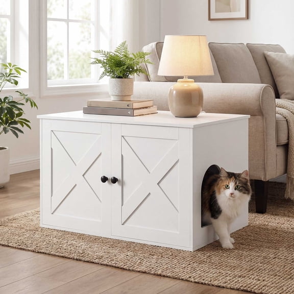 Feandrea Litter Box Enclosure, Cat Litter Box Furniture Hidden, with Removable Divider, Wooden Cat Washroom Furniture,Indoor Cat House, White