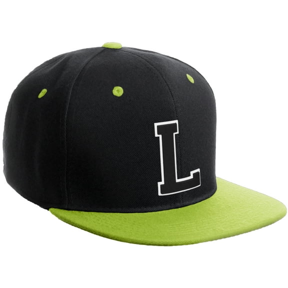 Daxton Classic Snapback Hat Custom A to Z Initial Varsity Letters, Black Lime Hat White Black Letter L