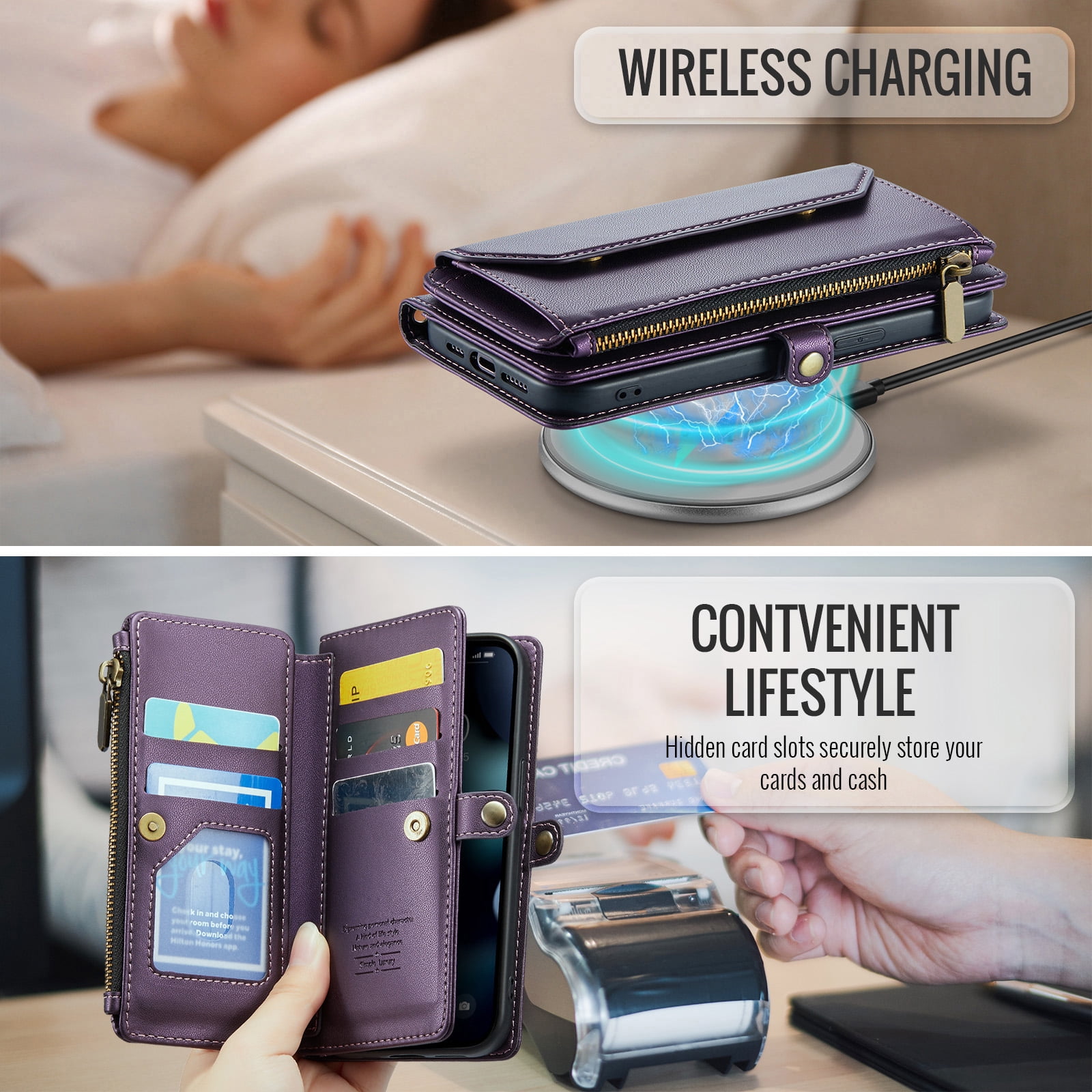 Asuwish Compatible with iPhone 15 Pro 6.1 inch Zipper Wallet Phone Case Tempered Glass Screen Protector Crossbody Lanyard Strap Flip Card Holder Slot Cell Cover for i Phone15 i15 15Pro Women Purple